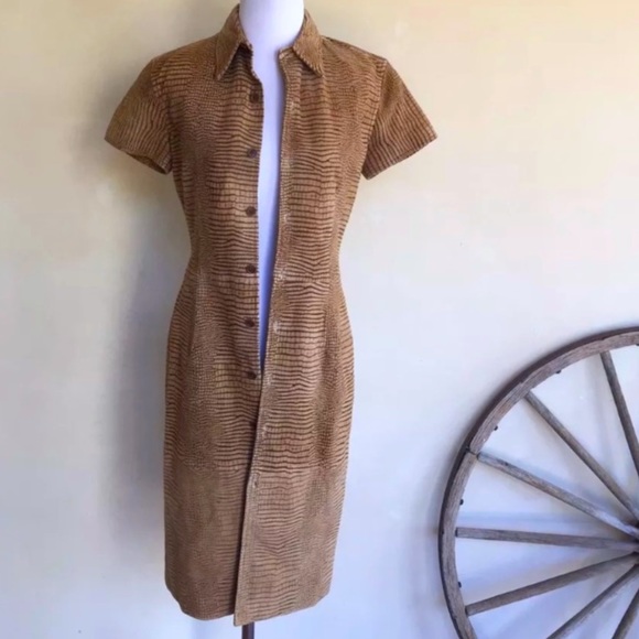 RALPH LAUREN 🐊 Glove Soft Leather Crocodile Print Western Shirt Dress Tan 8 - Picture 3 of 9